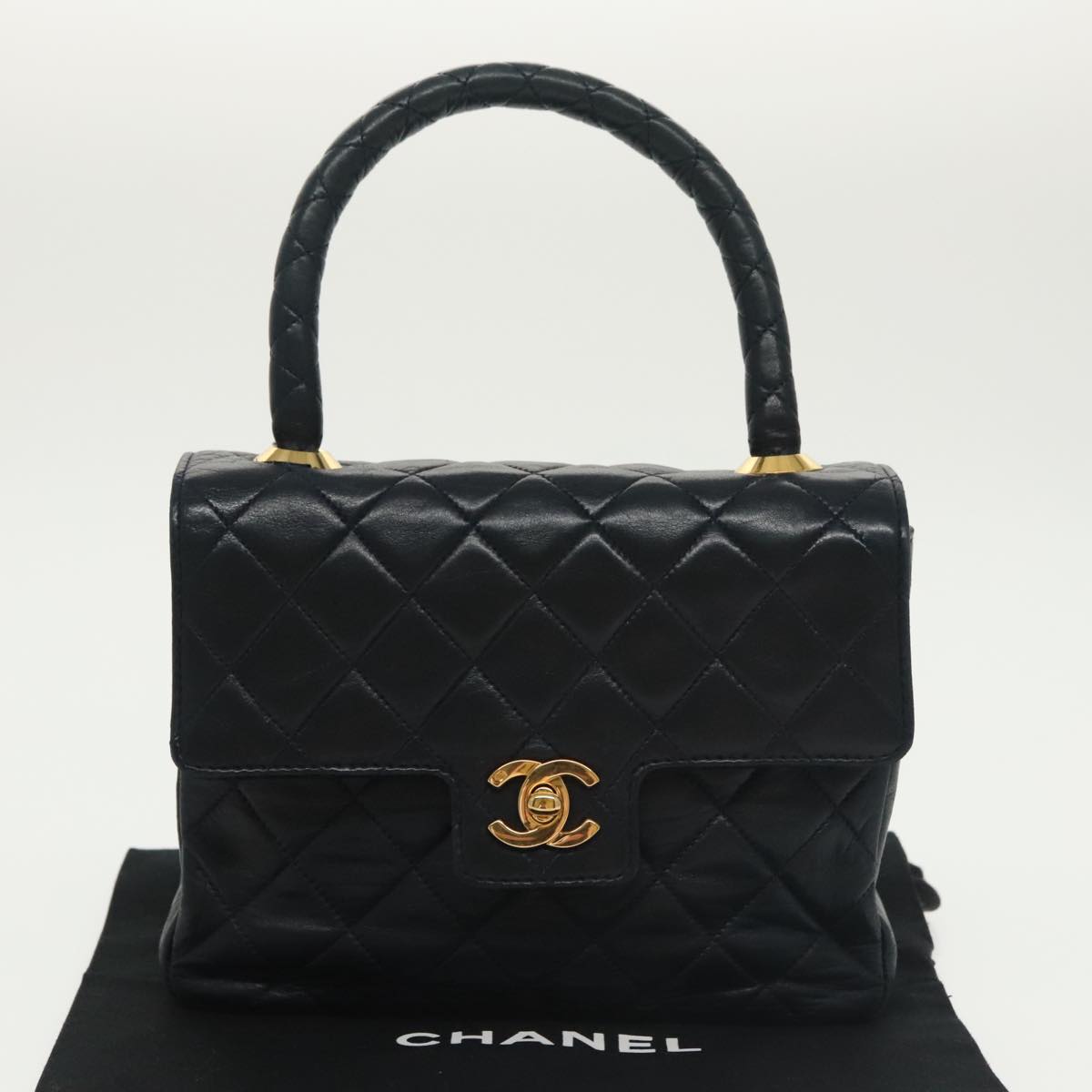 CHANEL Hand Bag Lamb Skin Navy Gold CC Auth 101325A