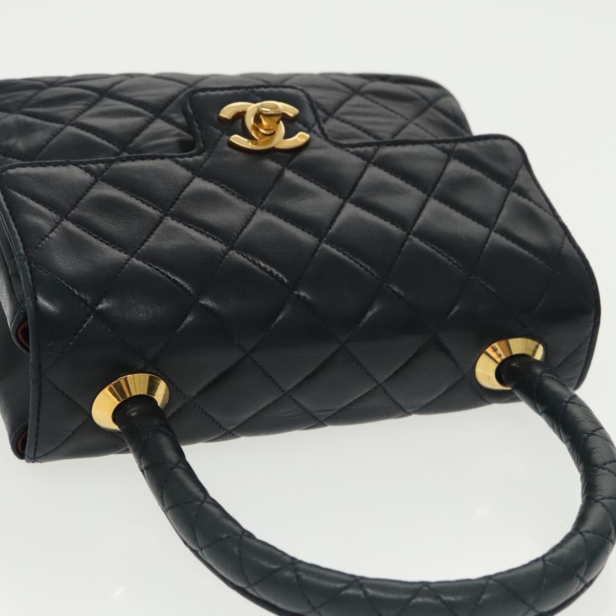 CHANEL Hand Bag Lamb Skin Navy Gold CC Auth 101325A