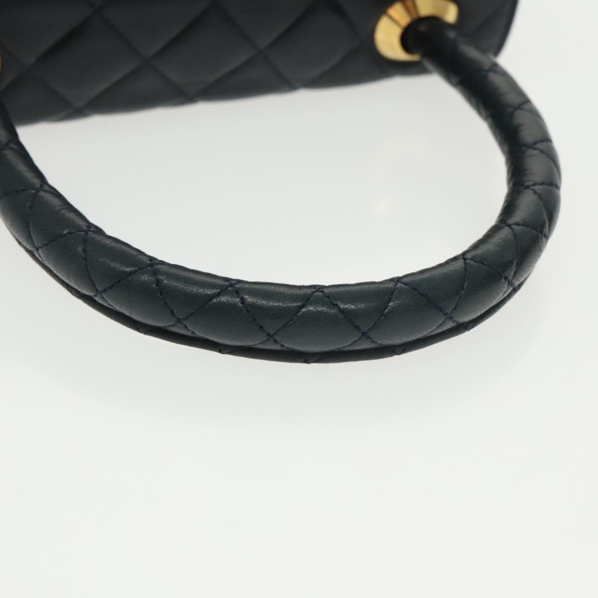 CHANEL Hand Bag Lamb Skin Navy Gold CC Auth 101325A