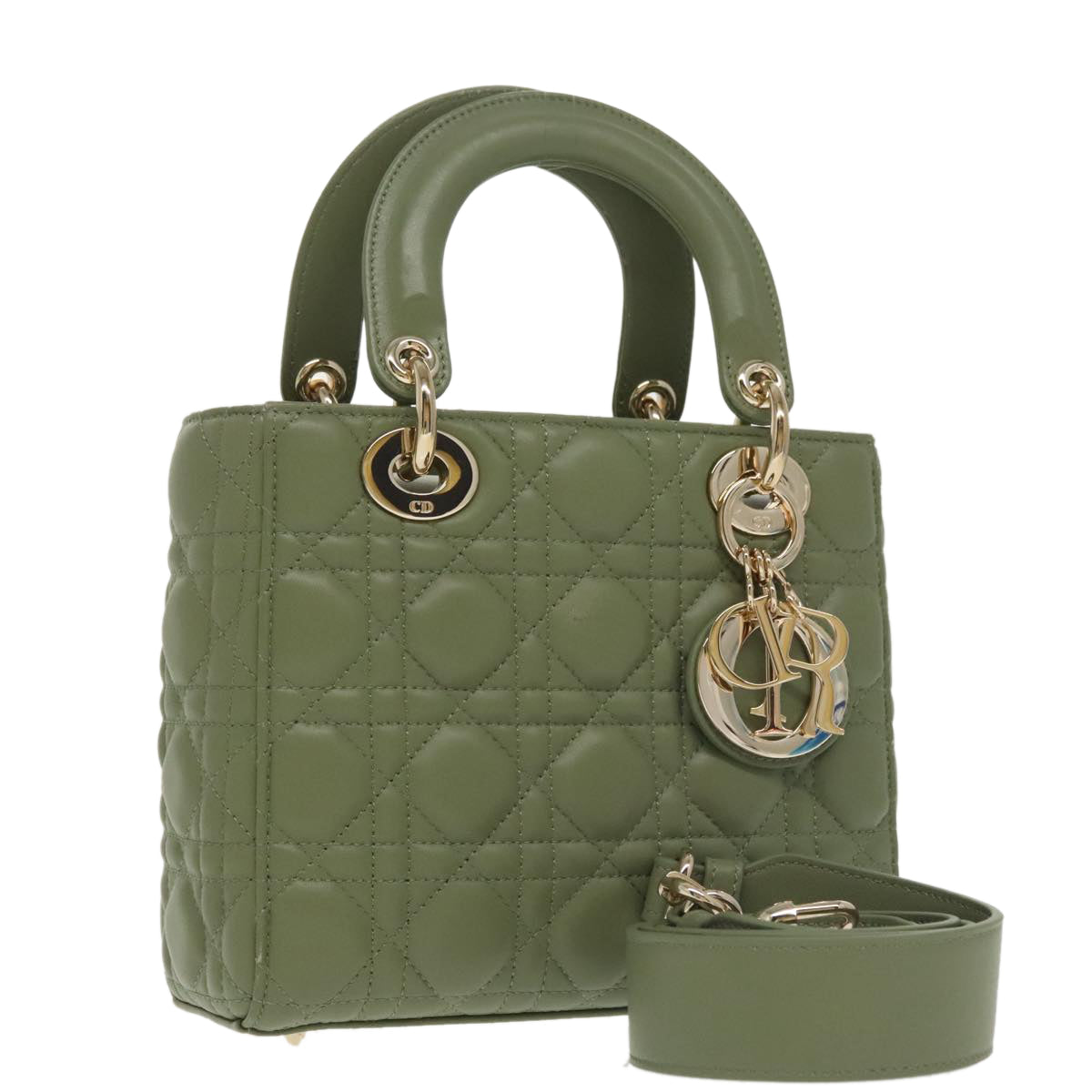 Christian Dior Canage Small Lady Dior Bag Lamb Skin 2way Green Gold Auth 101347A