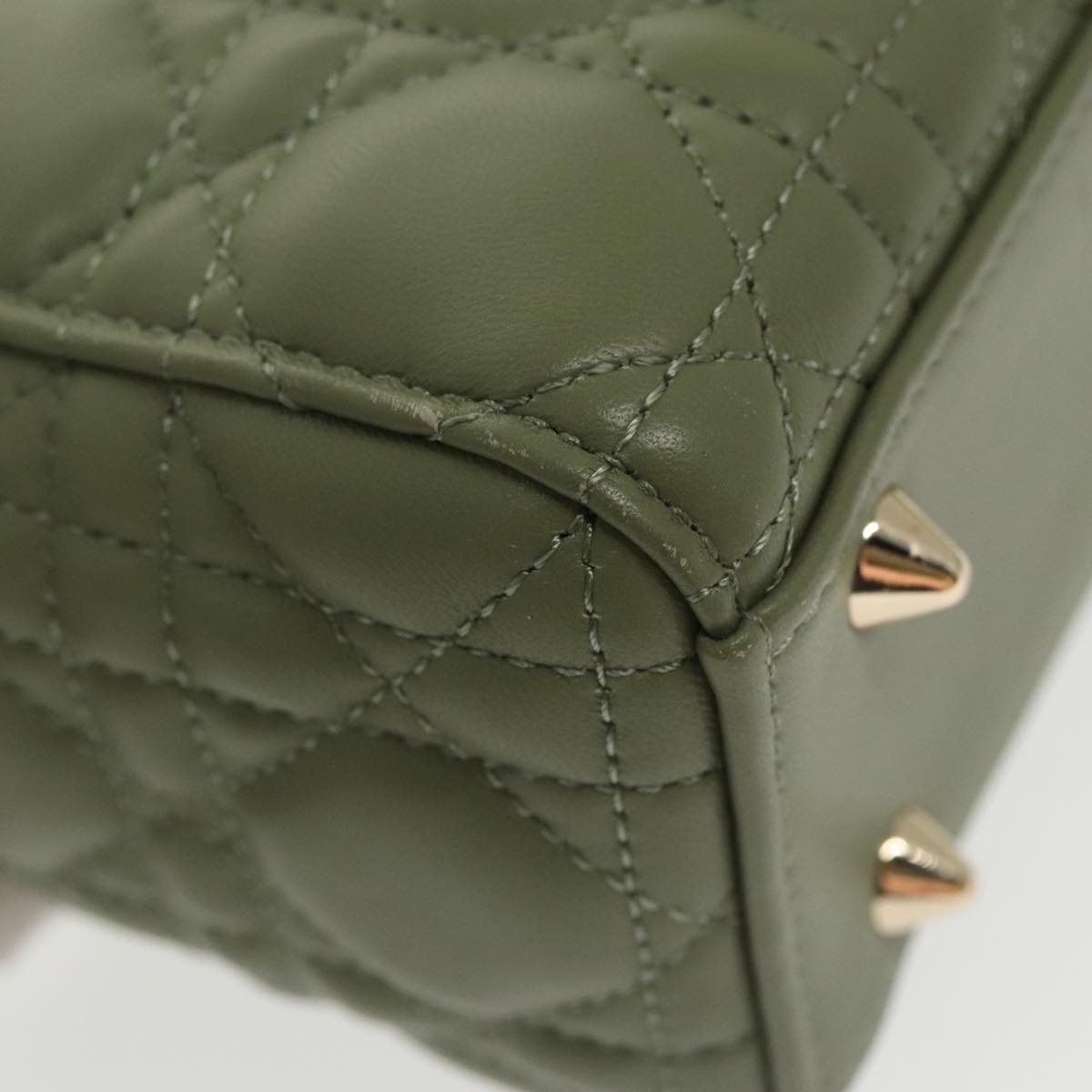 Christian Dior Canage Small Lady Dior Bag Lamb Skin 2way Green Gold Auth 101347A