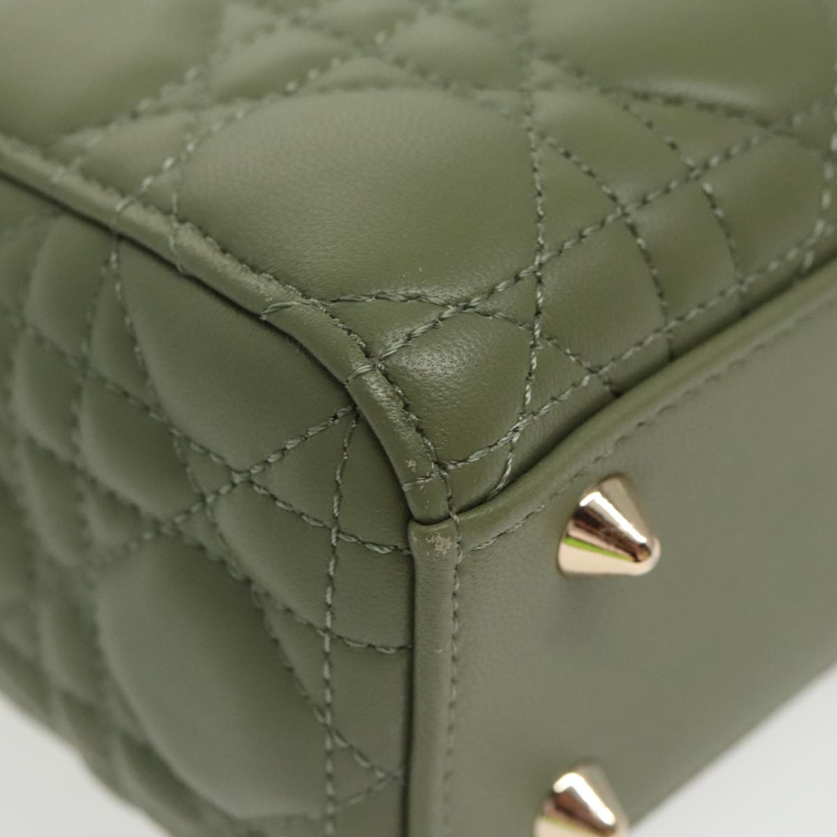 Christian Dior Canage Small Lady Dior Bag Lamb Skin 2way Green Gold Auth 101347A