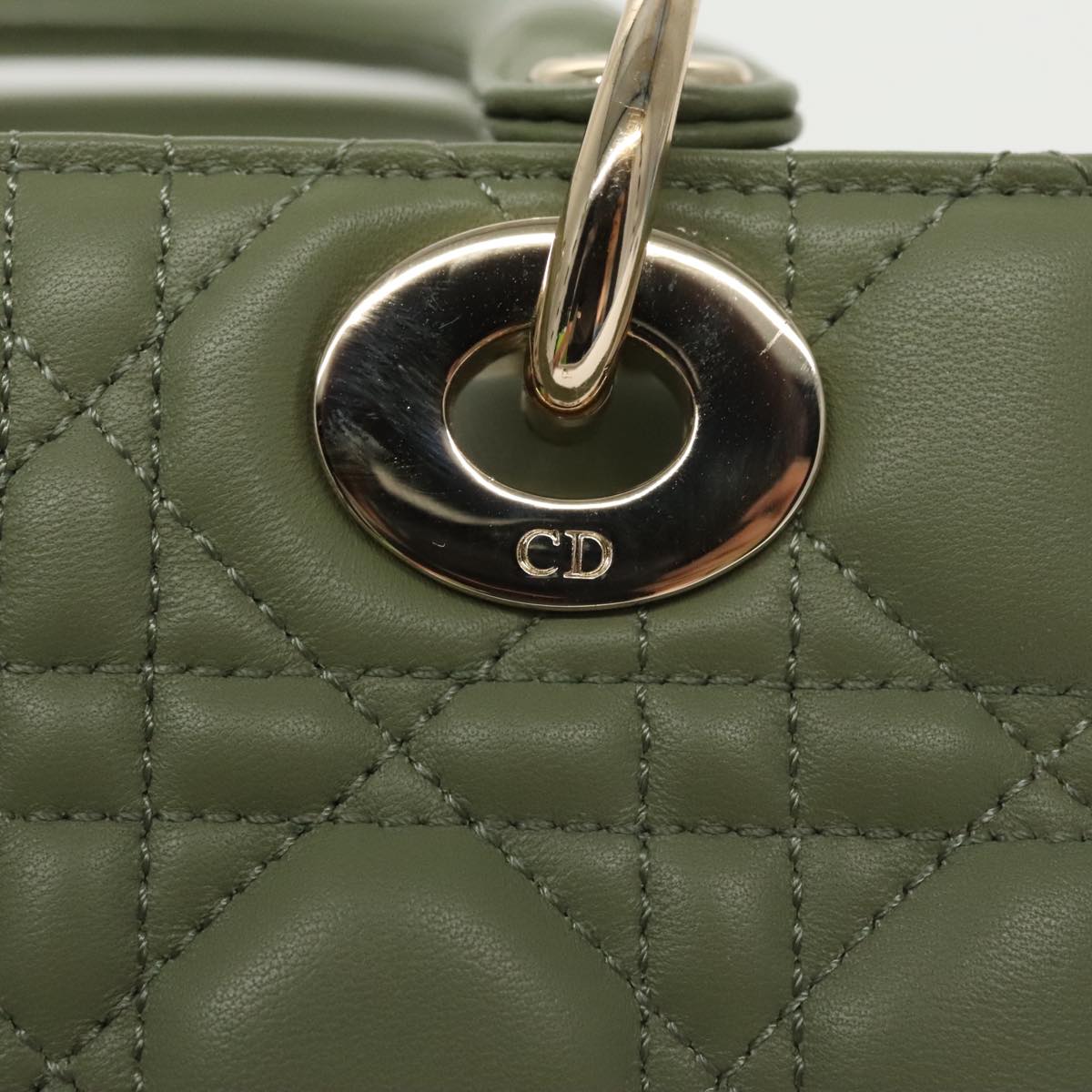 Christian Dior Canage Small Lady Dior Bag Lamb Skin 2way Green Gold Auth 101347A