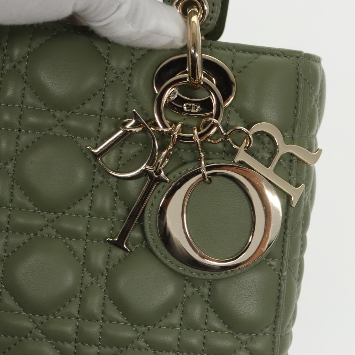 Christian Dior Canage Small Lady Dior Bag Lamb Skin 2way Green Gold Auth 101347A