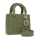 Christian Dior Canage Small Lady Dior Bag Lamb Skin 2way Green Gold Auth 101347A-1