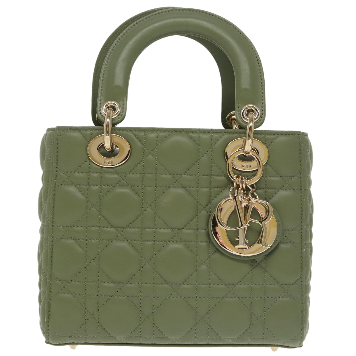 Christian Dior Canage Small Lady Dior Bag Lamb Skin 2way Green Gold Auth 101347A - 0