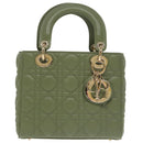 Christian Dior Canage Small Lady Dior Bag Lamb Skin 2way Green Gold Auth 101347A-13