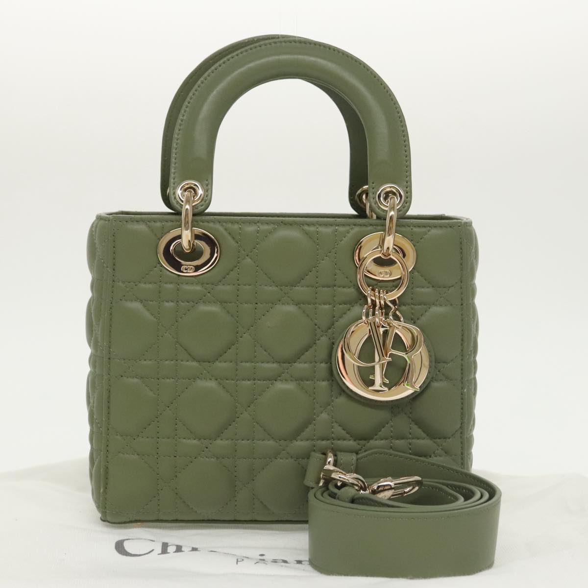 Christian Dior Canage Small Lady Dior Bag Lamb Skin 2way Green Gold Auth 101347A