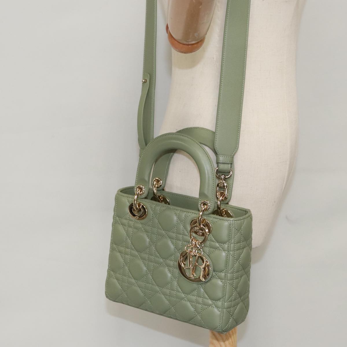 Christian Dior Canage Small Lady Dior Bag Lamb Skin 2way Green Gold Auth 101347A