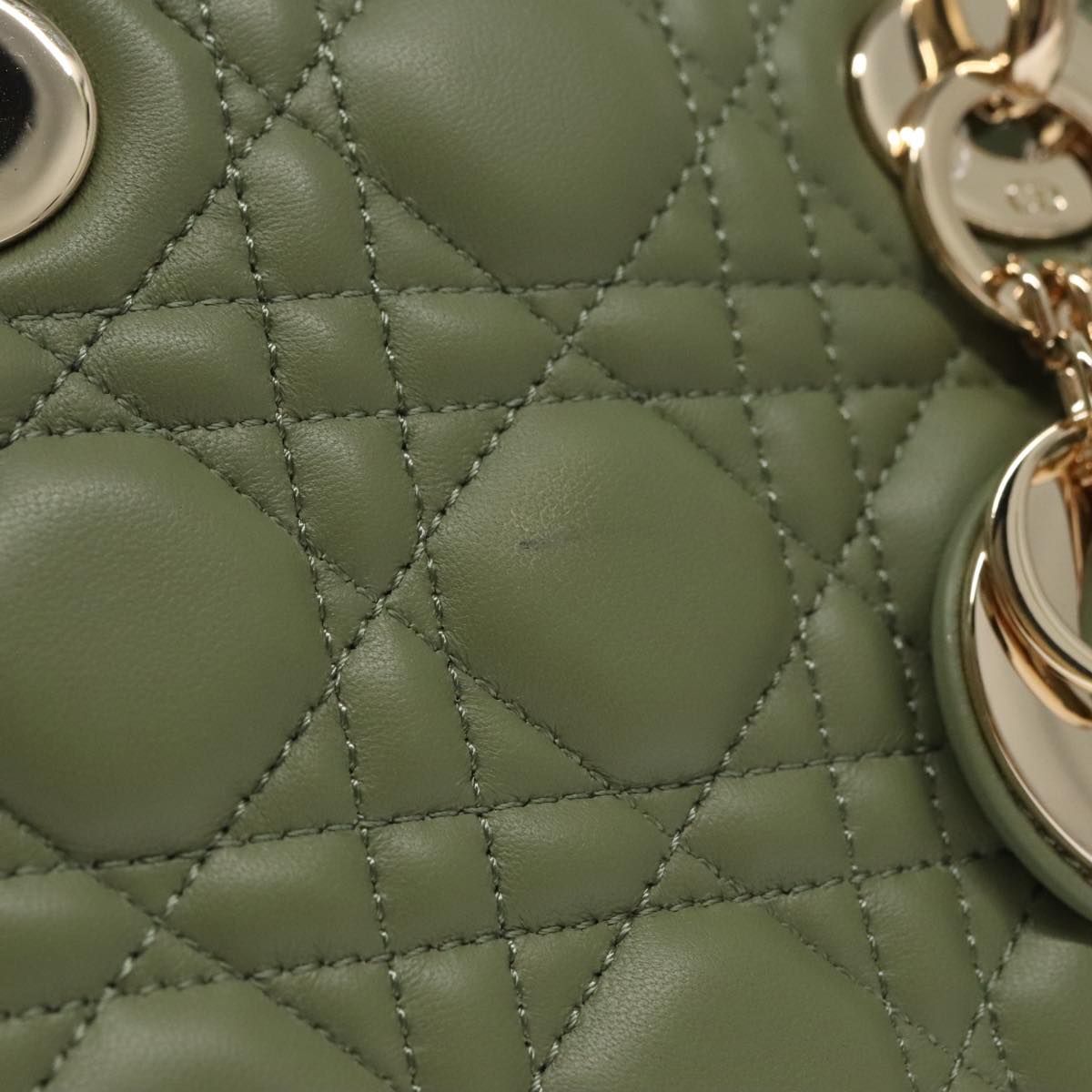 Christian Dior Canage Small Lady Dior Bag Lamb Skin 2way Green Gold Auth 101347A