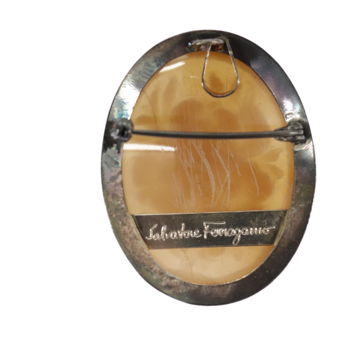 Salvatore Ferragamo cameo Brooch metal Silver Auth 101359