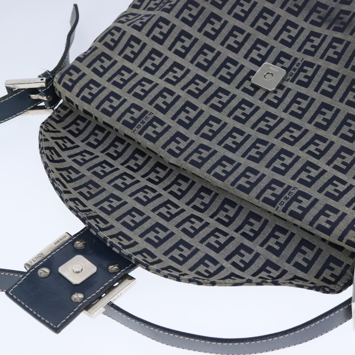 FENDI Zucchino Canvas Mamma Baguette Shoulder Bag Navy Silver Auth 101401