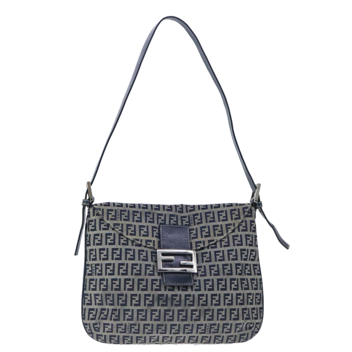 FENDI Zucchino Canvas Mamma Baguette Shoulder Bag Navy Silver Auth 101401