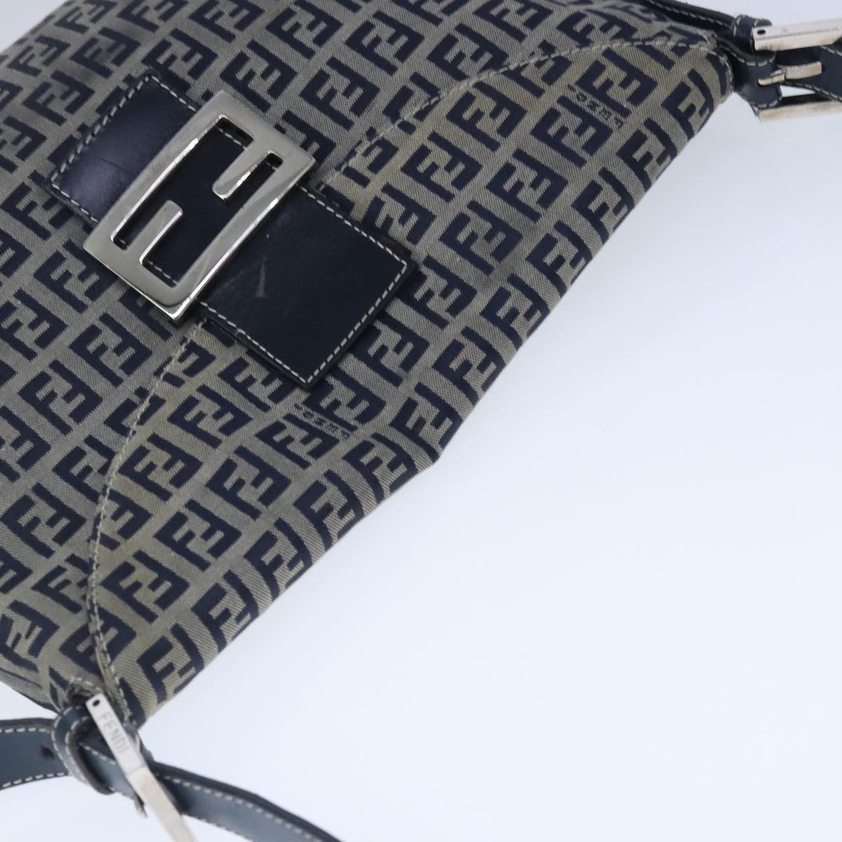 FENDI Zucchino Canvas Mamma Baguette Shoulder Bag Navy Silver Auth 101401