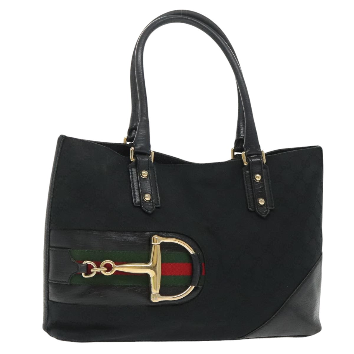 GUCCI GG Canvas Web Sherry Line Tote Bag Black Red Green 137385 Auth 101406