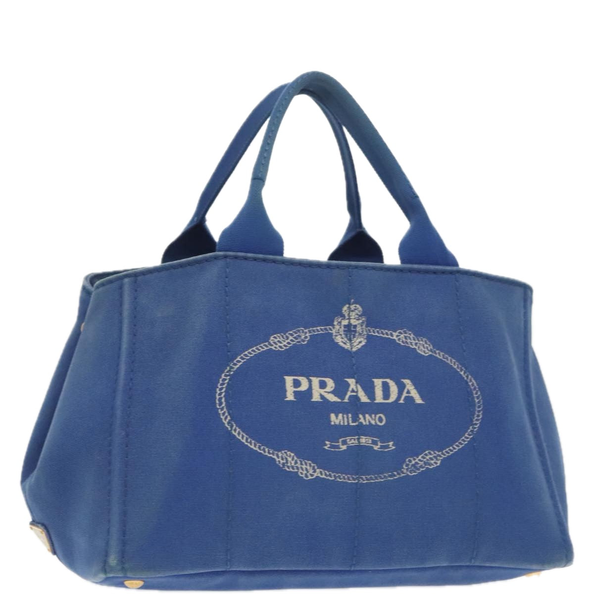 PRADA Canapa MM Hand Bag Canvas Blue Gold Auth 101425