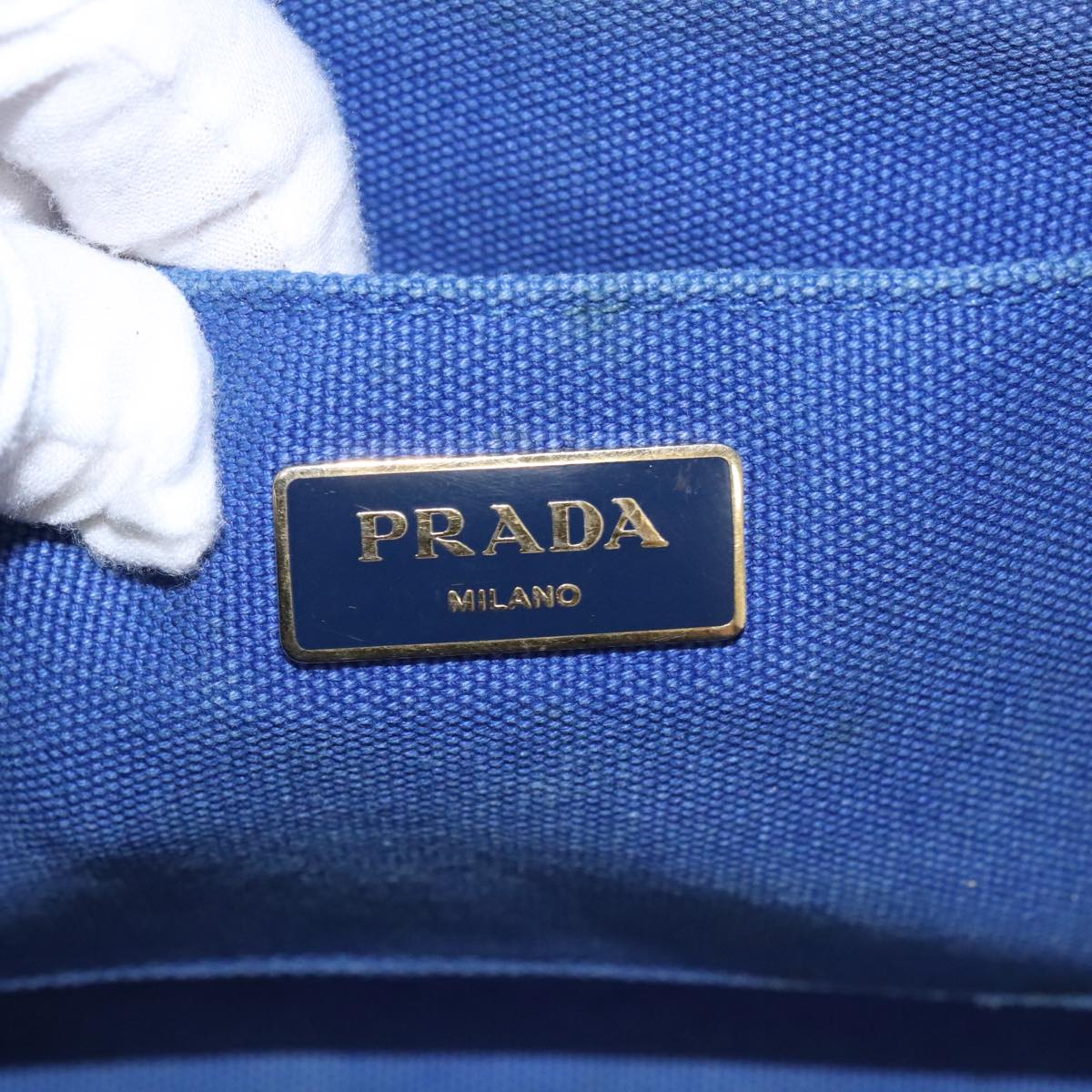 PRADA Canapa MM Hand Bag Canvas Blue Gold Auth 101425