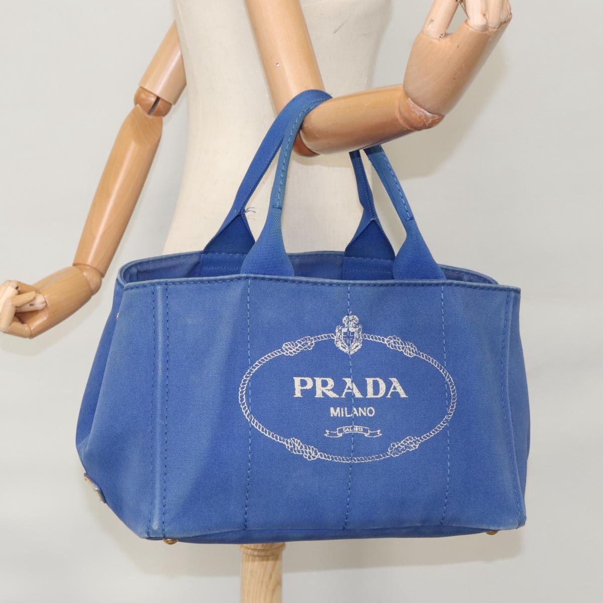 PRADA Canapa MM Hand Bag Canvas Blue Gold Auth 101425