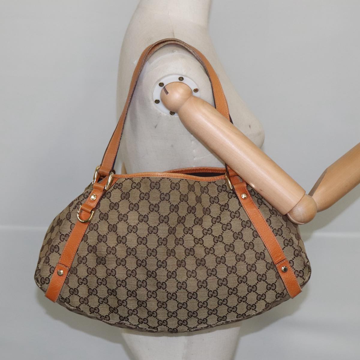 GUCCI GG Canvas Abbey Tote Bag Beige Brown Gold 130736 Auth 101439