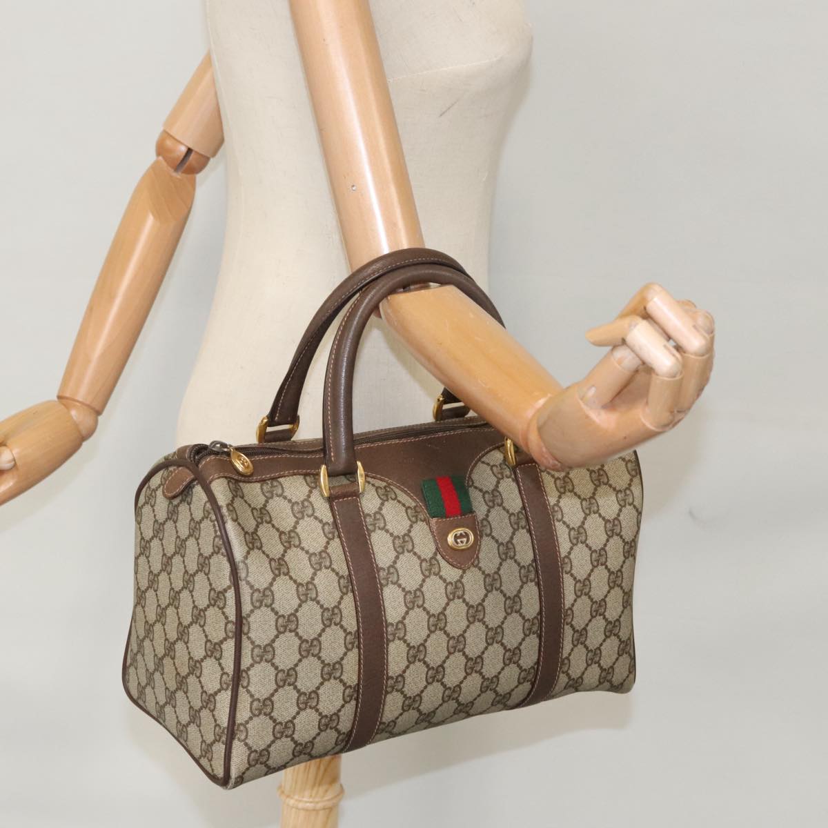 GUCCI GG Supreme Web Sherry Line Boston Bag PVC Beige Red 40 02 007 Auth 101456