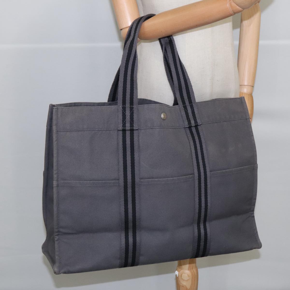 HERMES Fourre Tout MM Tote Bag Canvas Gray Silver Auth 101560