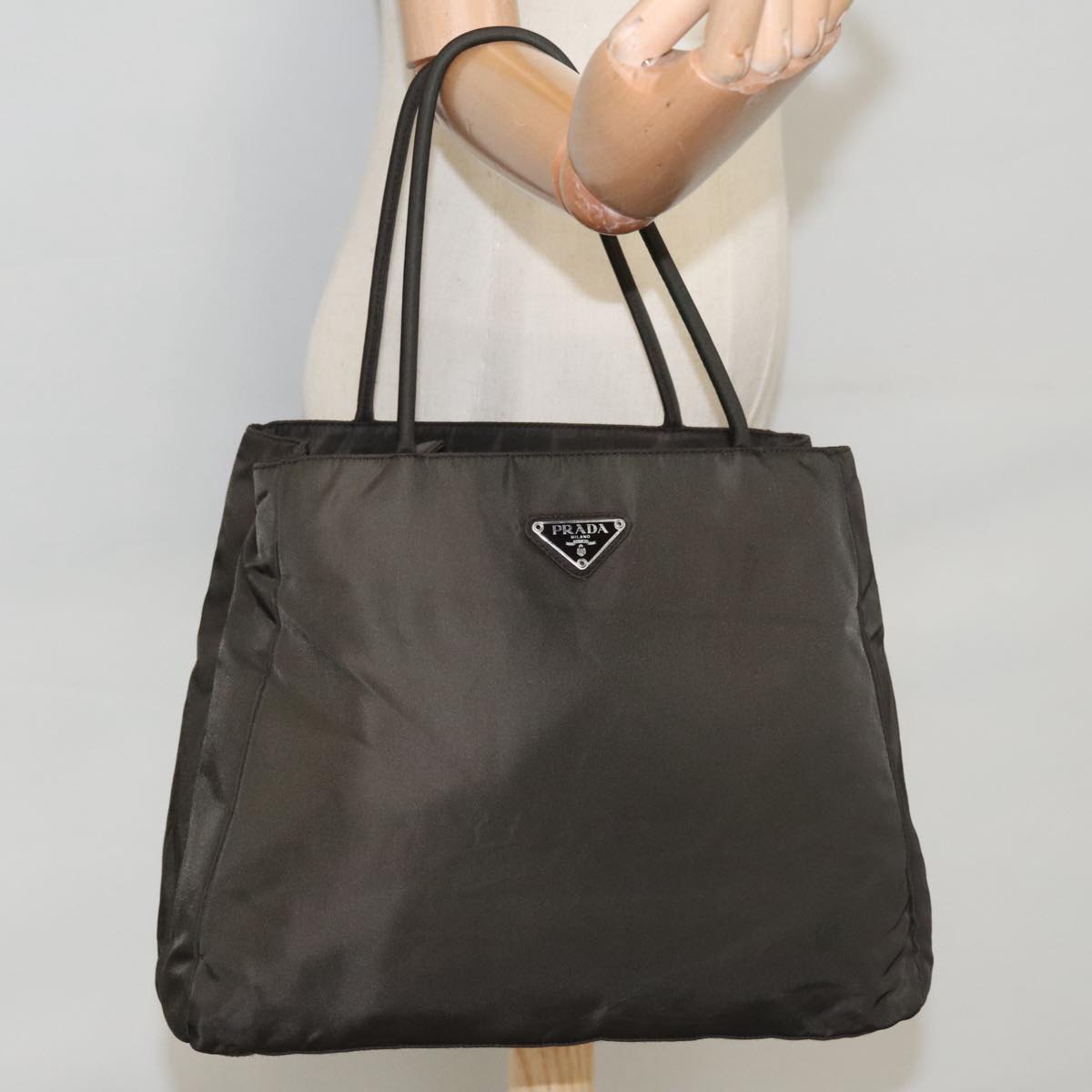 PRADA Tote Bag Nylon Khaki Silver Auth 101569