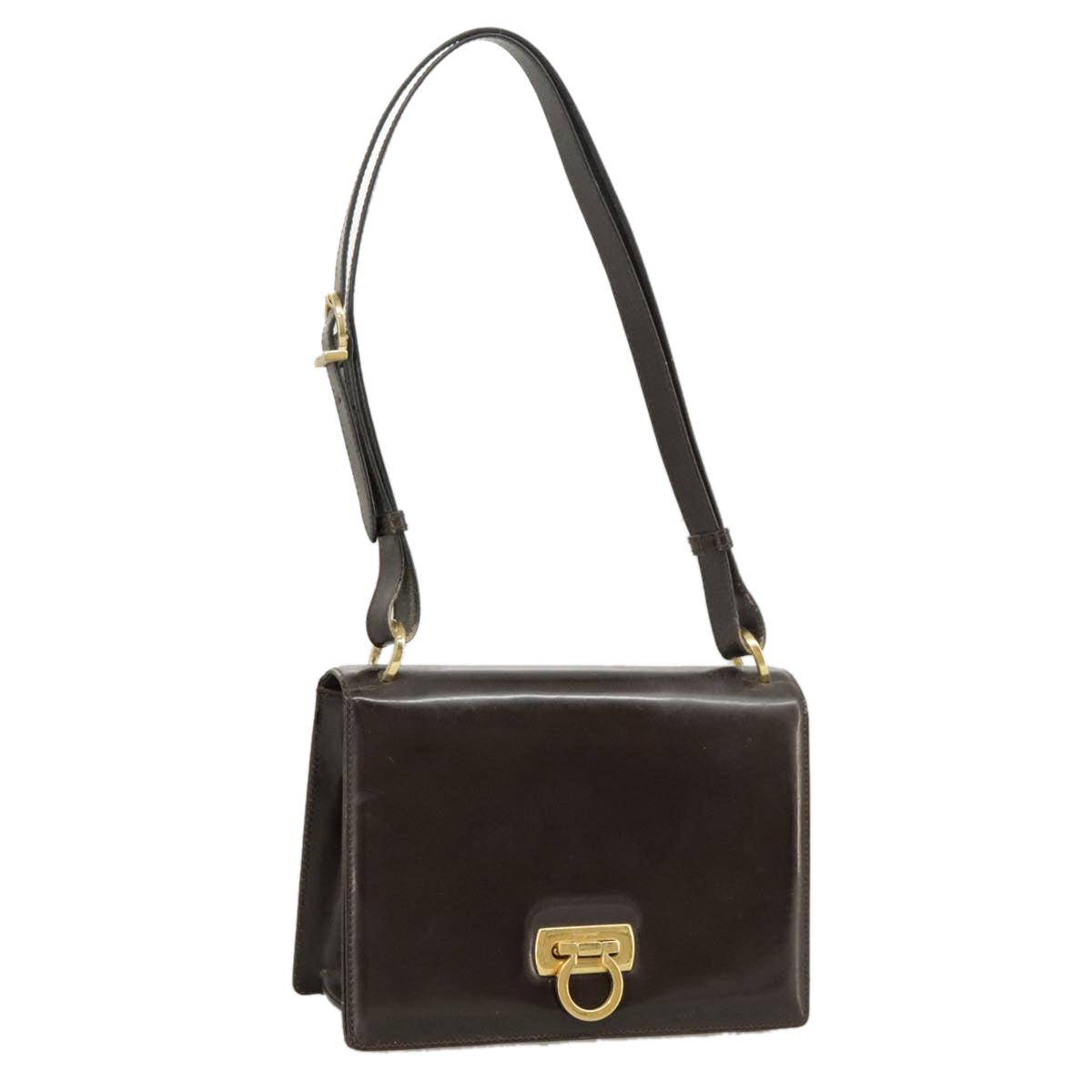 Salvatore Ferragamo Gancini Shoulder Bag Patent Leather Brown Gold Auth 101572