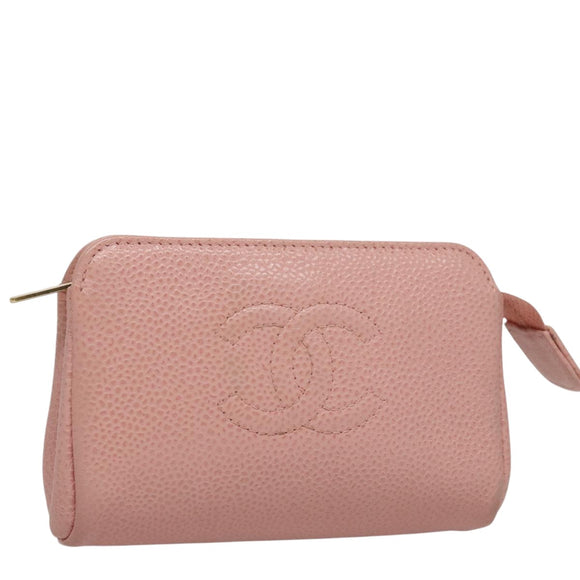 CHANEL Pouch Caviar Skin Pink Gold CC Auth 101855