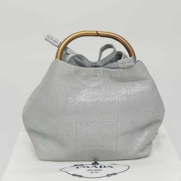 PRADA Hand Bag Leather Light Blue Gold Auth 101859V