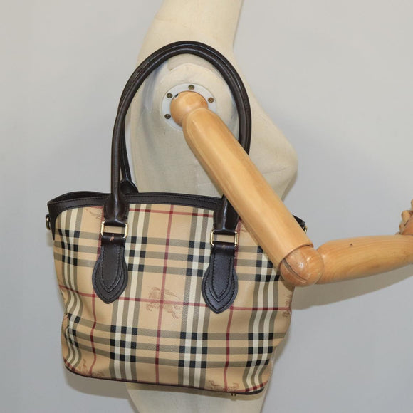 BURBERRY Nova Check Hand Bag PVC Leather Beige Auth 101879