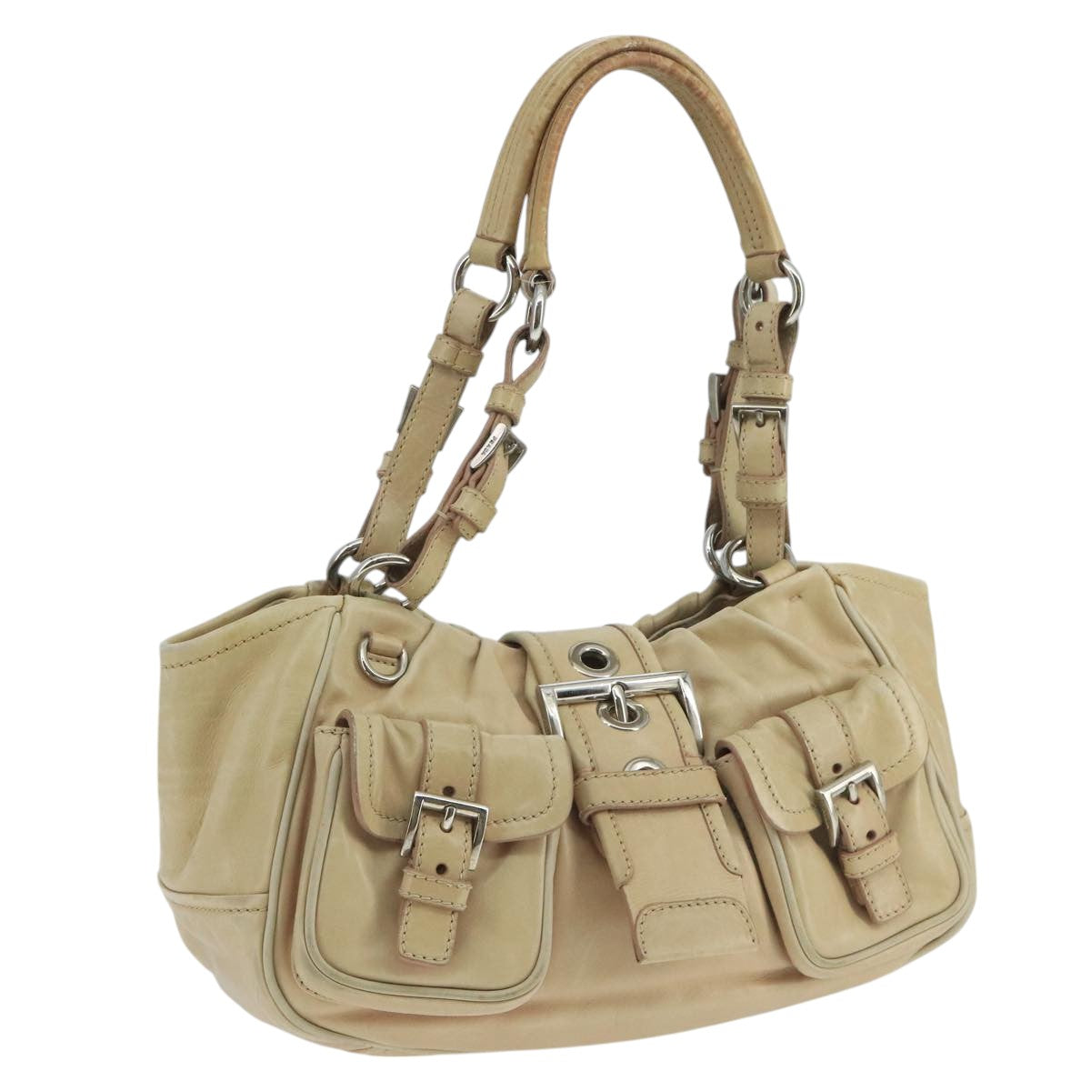 PRADA Shoulder Bag Leather Beige Silver Auth 101894