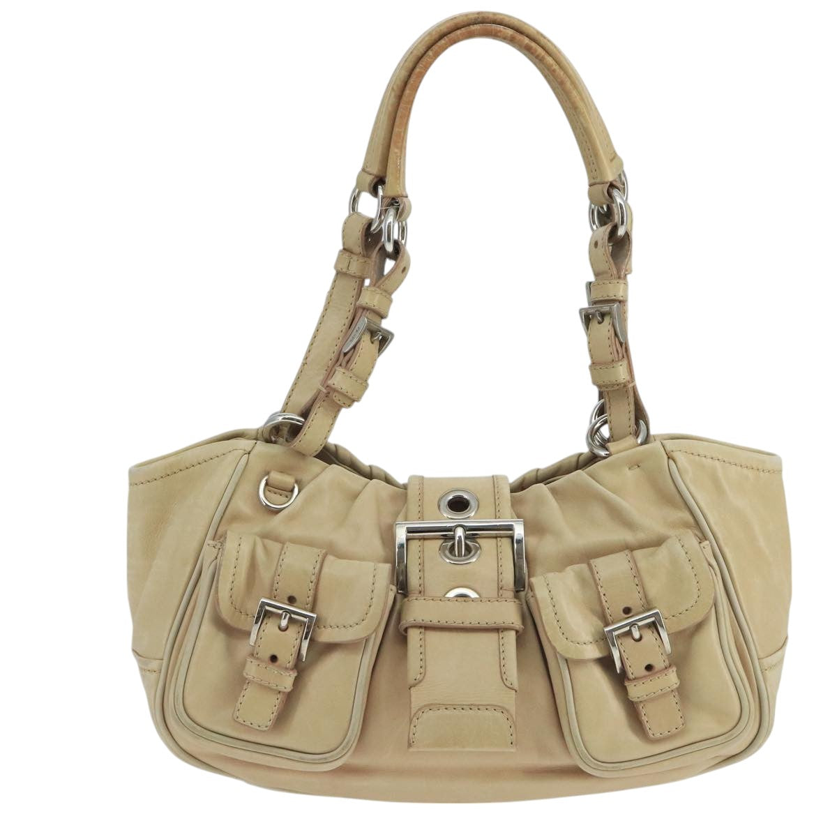 PRADA Shoulder Bag Leather Beige Silver Auth 101894 - 0