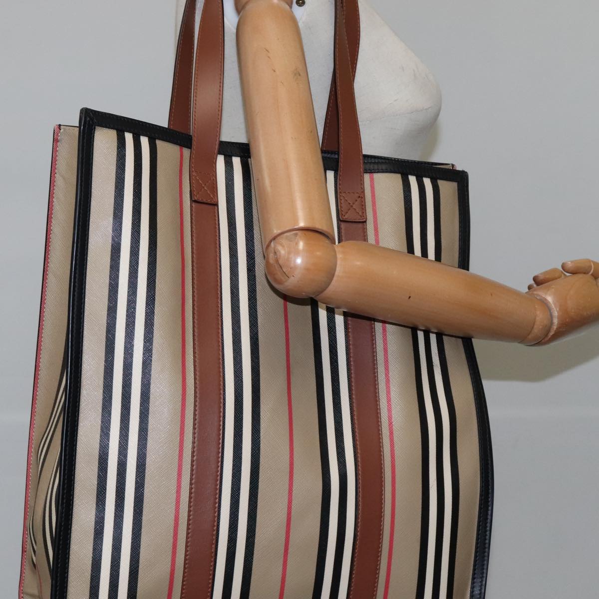 BURBERRY Nova Check Tote Bag PVC Leather Beige Auth 101908