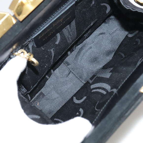 Salvatore Ferragamo Gancini Hand Bag Suede 2way Black Gold Auth 101932