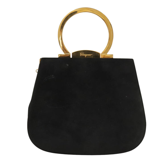 Salvatore Ferragamo Gancini Hand Bag Suede 2way Black Gold Auth 101932