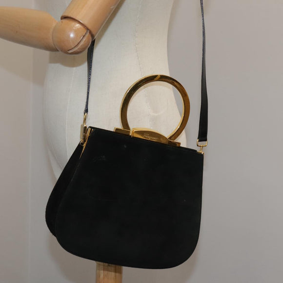 Salvatore Ferragamo Gancini Hand Bag Suede 2way Black Gold Auth 101932