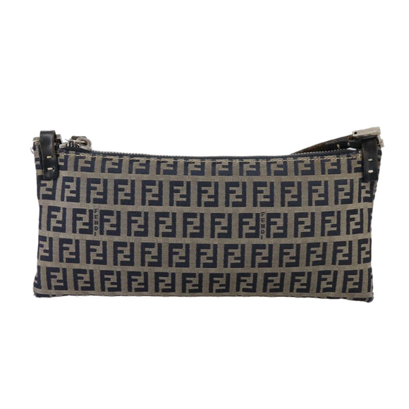 FENDI Zucchino Canvas Shoulder Bag Navy Silver Auth 101961