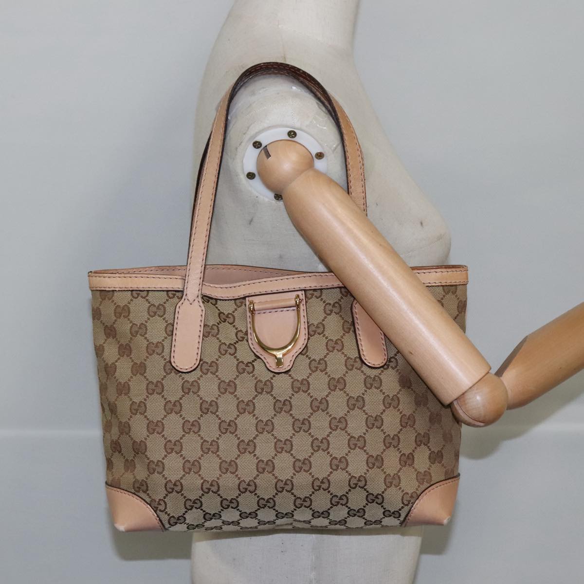 GUCCI GG Canvas Tote Bag Beige Pink Gold 308604 Auth 101970