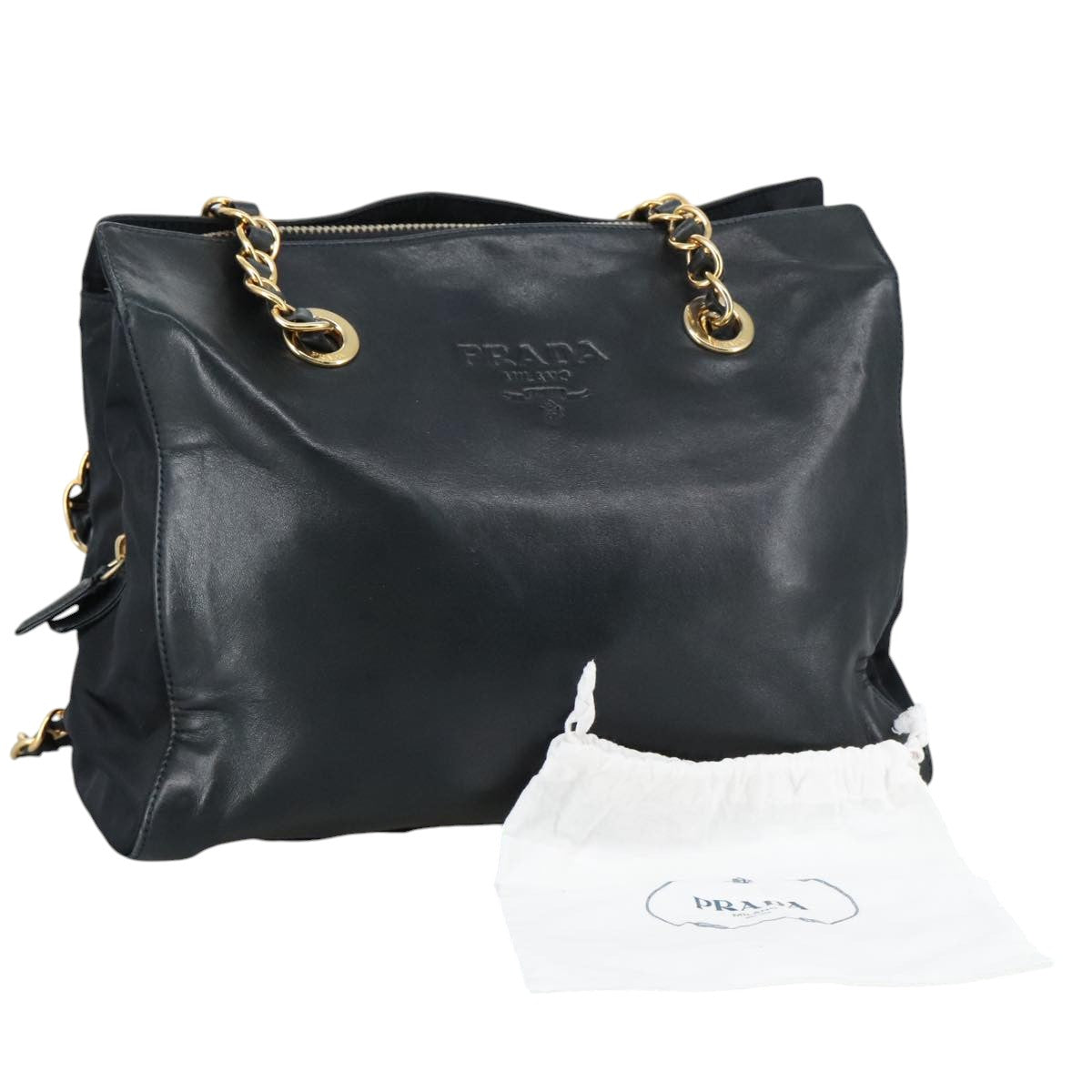 PRADA Chain Shoulder Bag Leather Black Gold Auth 101978