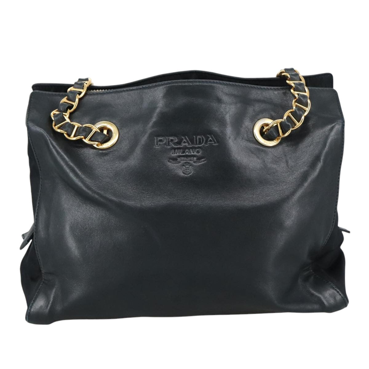 PRADA Chain Shoulder Bag Leather Black Gold Auth 101978 - 0