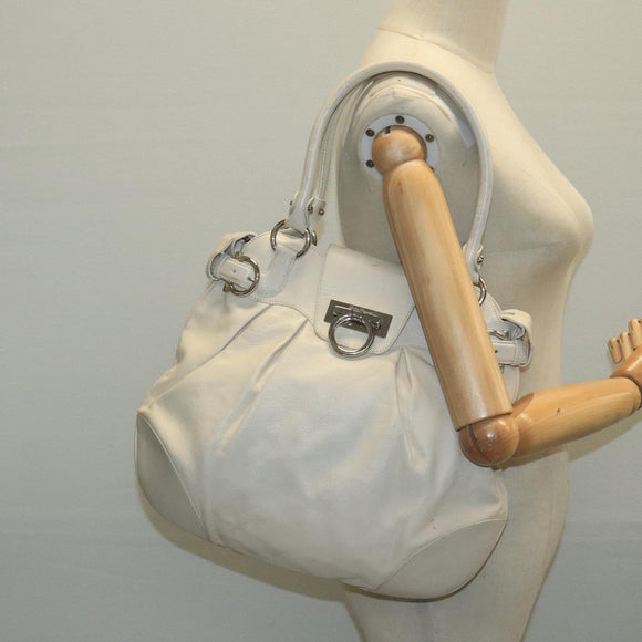 Salvatore Ferragamo Gancini Hand Bag Leather White Silver Auth 101988