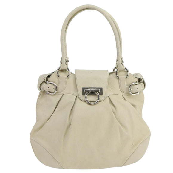 Salvatore Ferragamo Gancini Hand Bag Leather White Silver Auth 101988