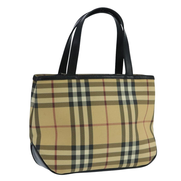 BURBERRY Nova Check Hand Bag Coated Canvas Beige Black Silver Auth 102020