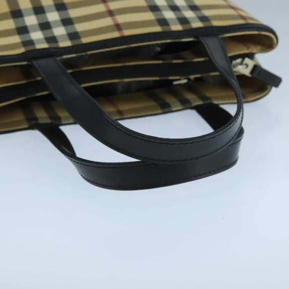 BURBERRY Nova Check Hand Bag Coated Canvas Beige Black Silver Auth 102020