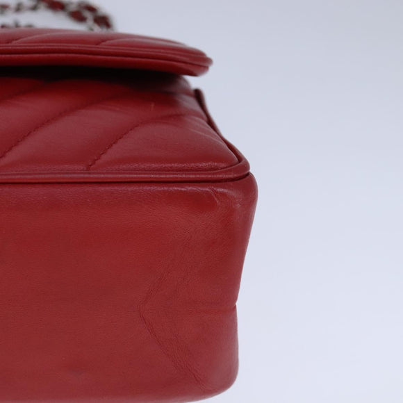 CHANEL V Stitch Chain Shoulder Bag Lamb Skin Red CC Auth 102030A