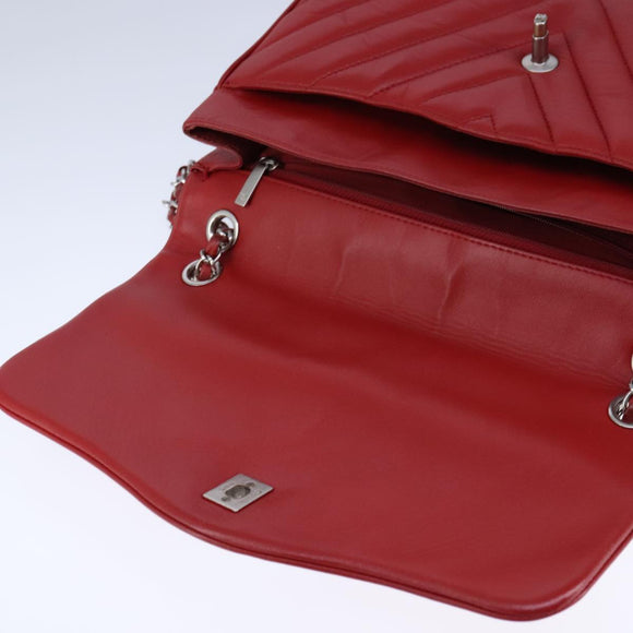 CHANEL V Stitch Chain Shoulder Bag Lamb Skin Red CC Auth 102030A