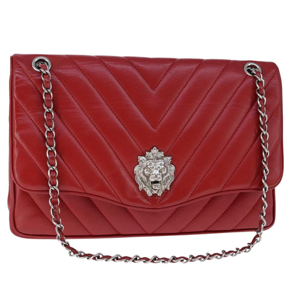 CHANEL V Stitch Chain Shoulder Bag Lamb Skin Red CC Auth 102030A