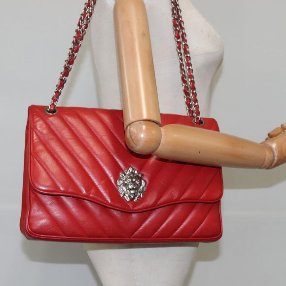 CHANEL V Stitch Chain Shoulder Bag Lamb Skin Red CC Auth 102030A