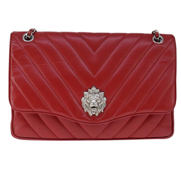 CHANEL V Stitch Chain Shoulder Bag Lamb Skin Red CC Auth 102030A