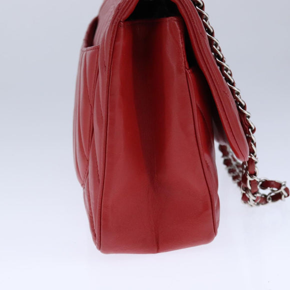 CHANEL V Stitch Chain Shoulder Bag Lamb Skin Red CC Auth 102030A